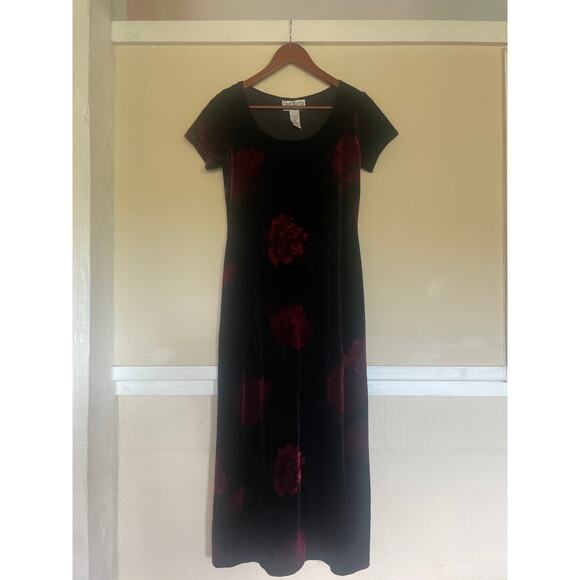 Vintage 90s Stretch Velvet Dress WHIMSIGOTH FAIRY GRUNGE Rose Print M Black - Picture 4 of 7